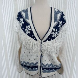 Vintage Huntington Ridge 80s Western Cardigan Sweater Small Blue Cream Fringe